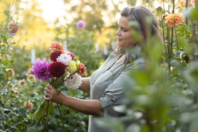 Coseytown Flowers founder LeeAnn Huber with a handful of dahlia blooms